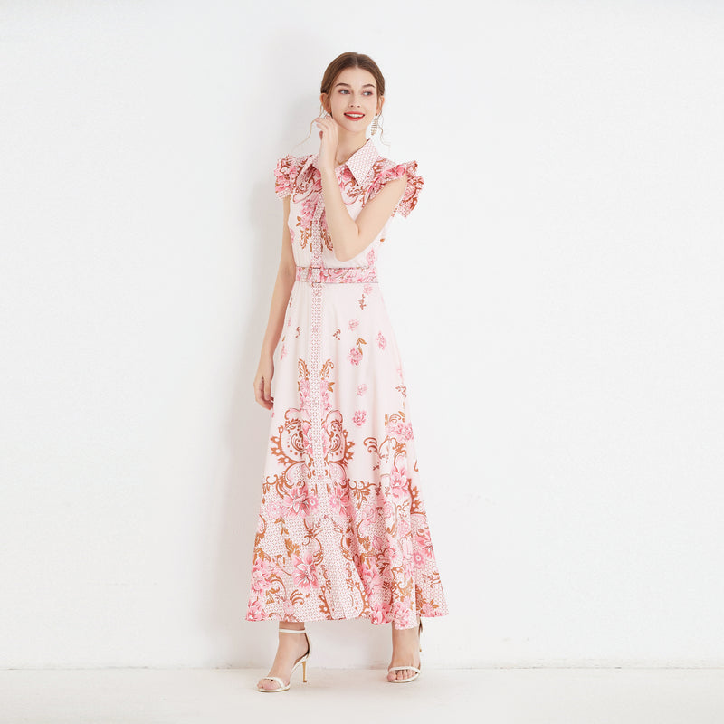 High Quality Sleeveless Ruffle Belted Flower Maxi Dress