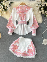 Spring New Lace Trim Printed Pattern Long-sleeved Shirts + High Waist Belted Shorts Women 2pcs Fashion Suits