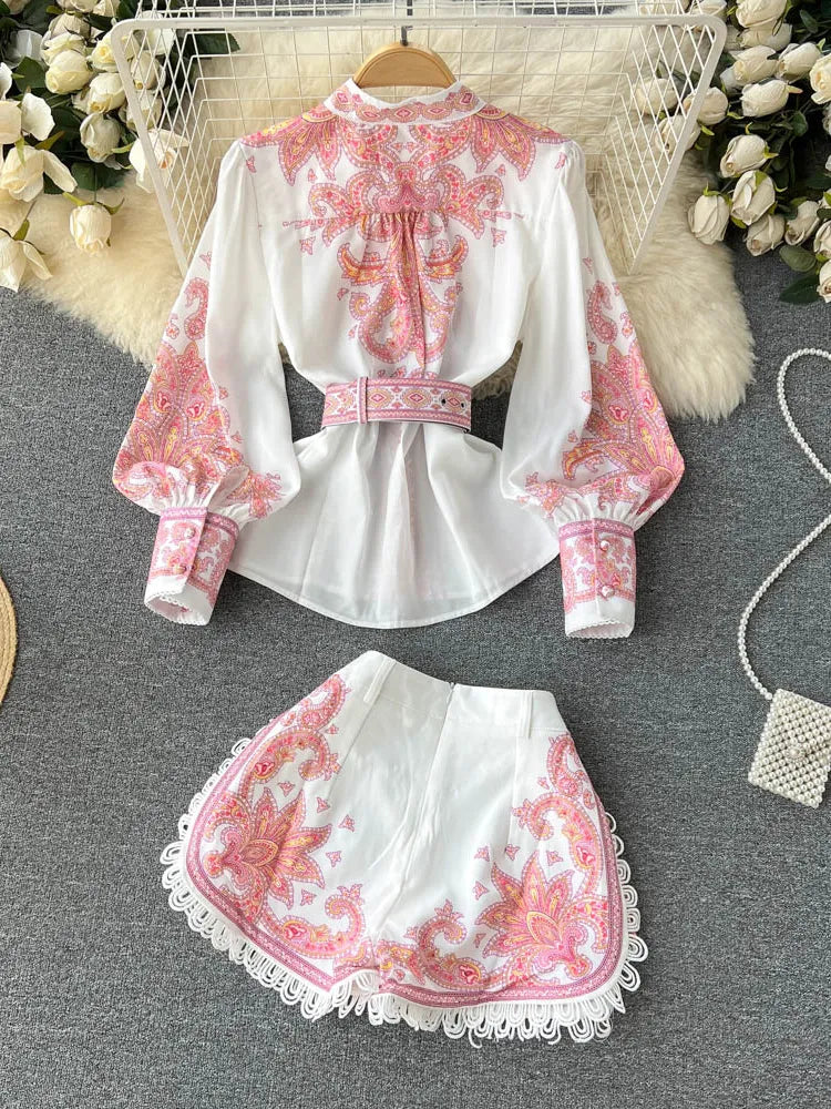 Spring New Lace Trim Printed Pattern Long-sleeved Shirts + High Waist Belted Shorts Women 2pcs Fashion Suits