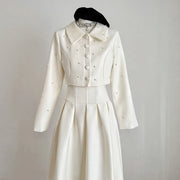 Two-piece set Elegant short jacket and long skirt suit with luxury pearl beads for women, high quality