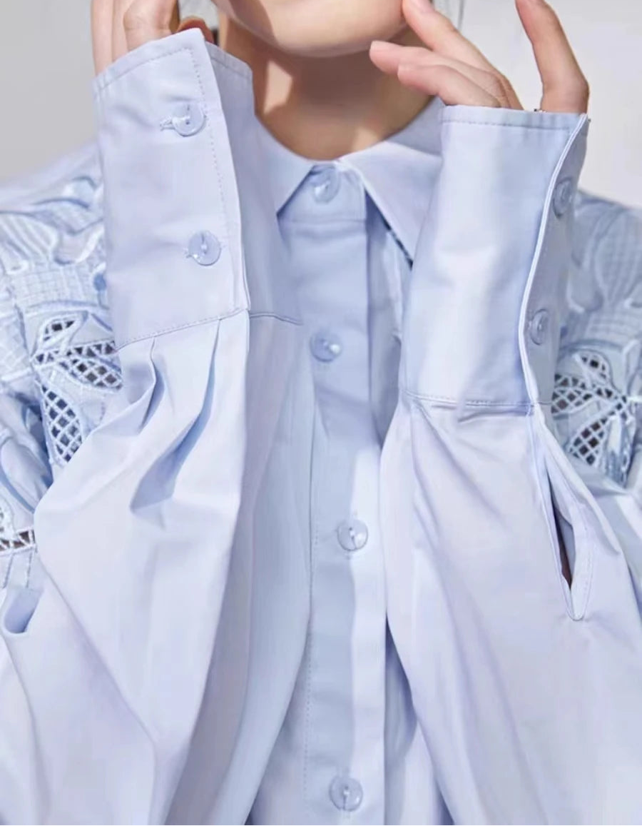 High quality mid-length flower openwork embroidery cotton shirt
