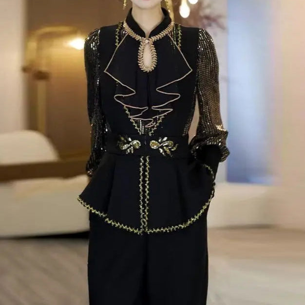 Black Palace Style Sequined Top for Women 2025 New Autumn and Winter Inner Wearable Plus Velvet Long-sleeved T-shirt Base Layer