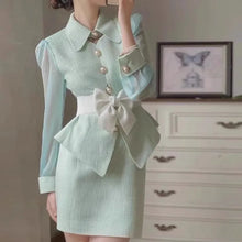 Two-piece tweed set long-sleeved top with bow + high-quality tight skirt