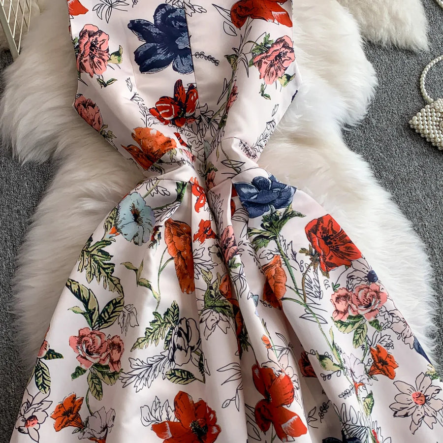 Fashion Elegant Print Sleeveless Dress Women 2026 Summer New Slim Waist Gown Ball Big Swing Robe Fresh Temperament Vestidos