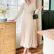 High Quality Bow Front Vintage Belted Bodycon Pleated Long Dress