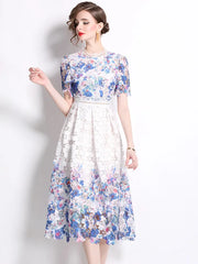 High Quality Short Sleeve Slim Waist Lace Hollow Out Dress