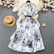 Vintage Turndown Collar Short Sleeve Ink Print High Quality Leather Belt Maxi Dress