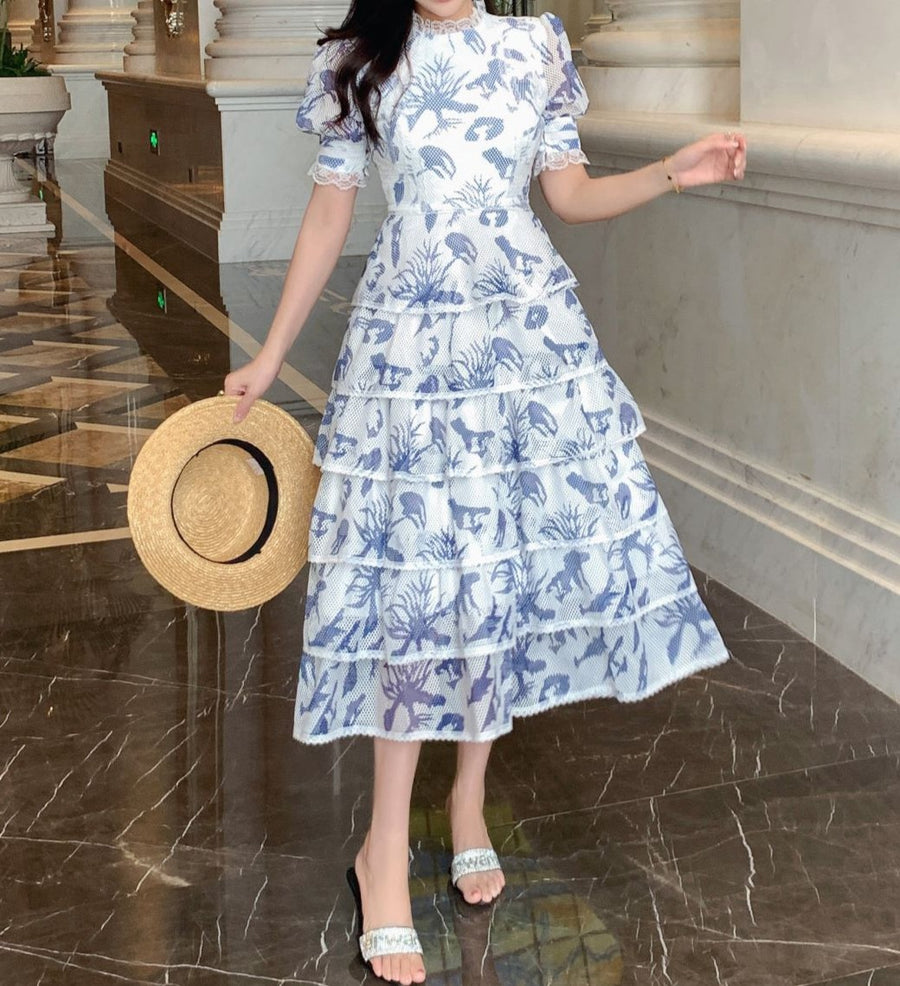 High Quality Cascading Ruffles Flower Print Puff Short Sleeve Elegant Mesh Dress