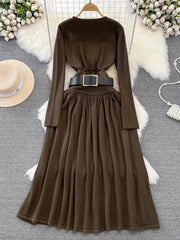 Women Elegant Office Two Piece Sets Autumn Winter Long Sleeved Standing Neck Sweater Top High Waist Slim A-line Long Skirt Suits