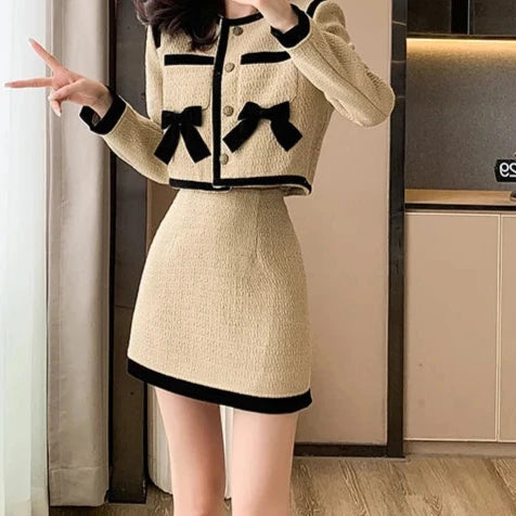 Single Breasted Bow Tweed Short Jacket Coat + Mini Pencil Skirt Two Piece Set High Quality