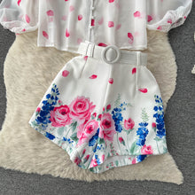 Two Piece Set Flower Print Lantern Sleeve Shirt Bow Neck Top + Belted Shorts High Quality