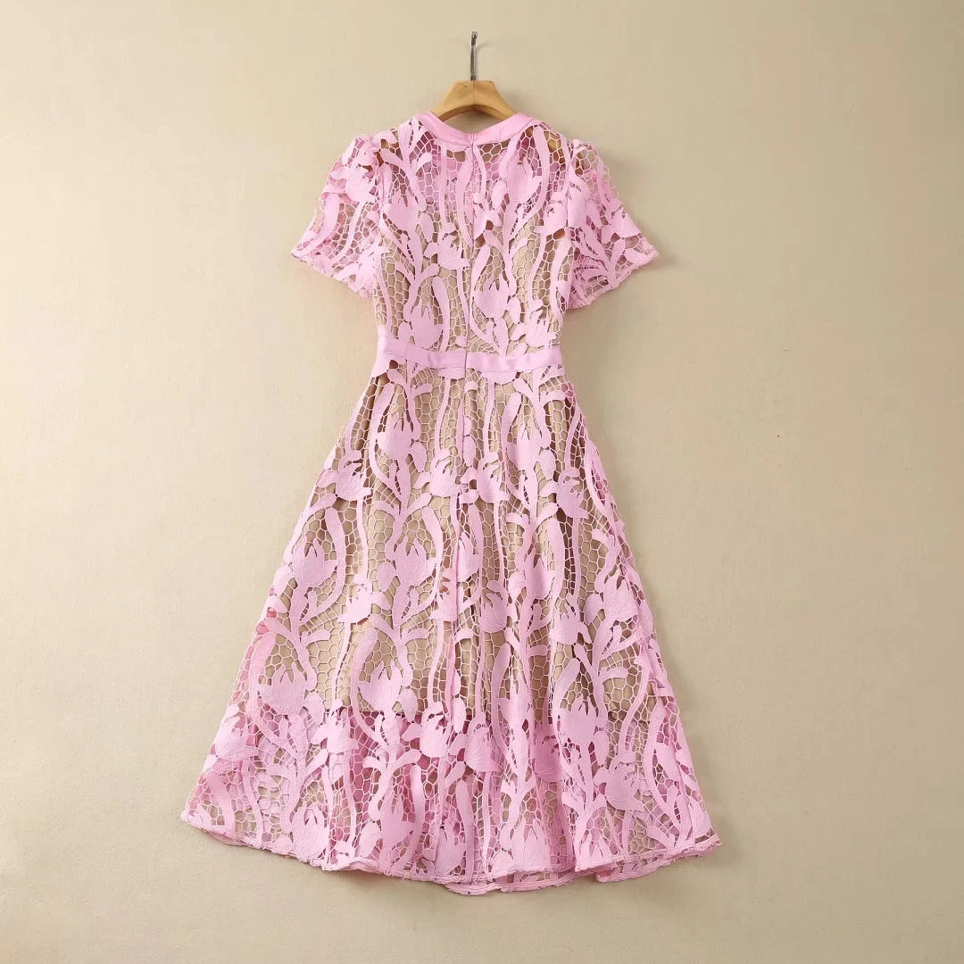 High Quality Embroidery Short Sleeve Openwork Lace Dresses