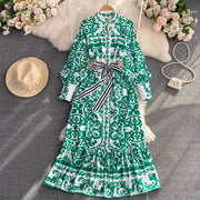 Bohemian Geometric Flower Print Stand Collar Lantern Sleeve Lace Up High Quality Maxi Dress