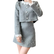 Tweed Two Piece Set Sweet Lace Round Neck Short Coat and A-Line Mini Skirt