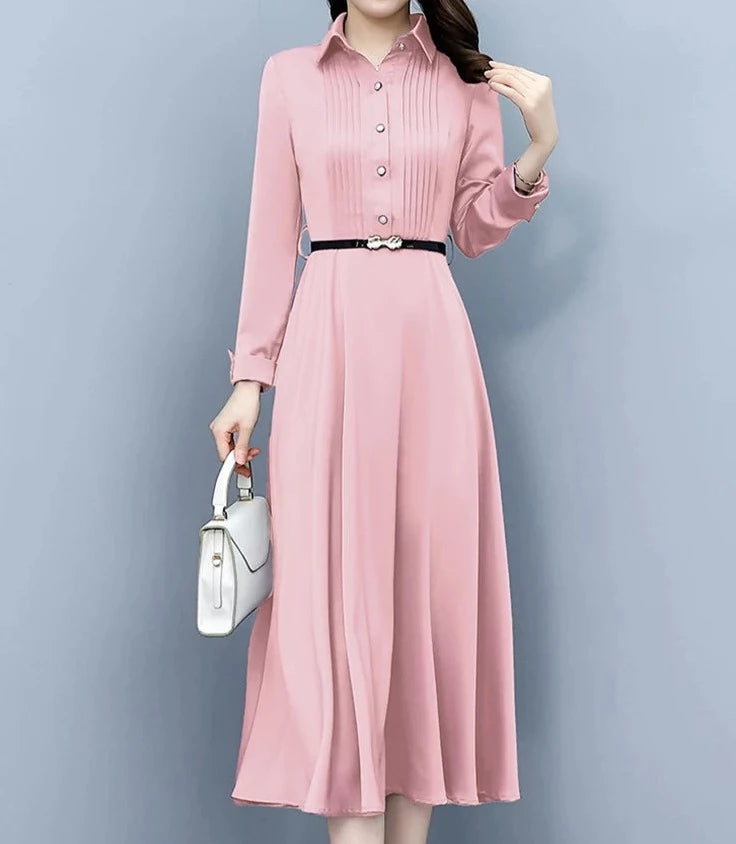 High Quality Slim Fit Elegant Polo Neck Pink Acetate Satin Midi Dress