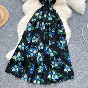 Women's long floral dress with thin straps, sleeveless, elastic, ruched with high-quality print