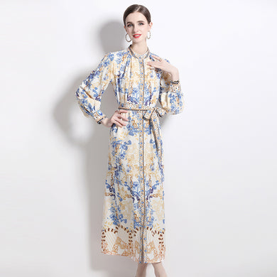 Vintage Flower Print Long Dress Stand Collar Flare Sleeve Loose Waist Lace Up Belt Buttons High Quality
