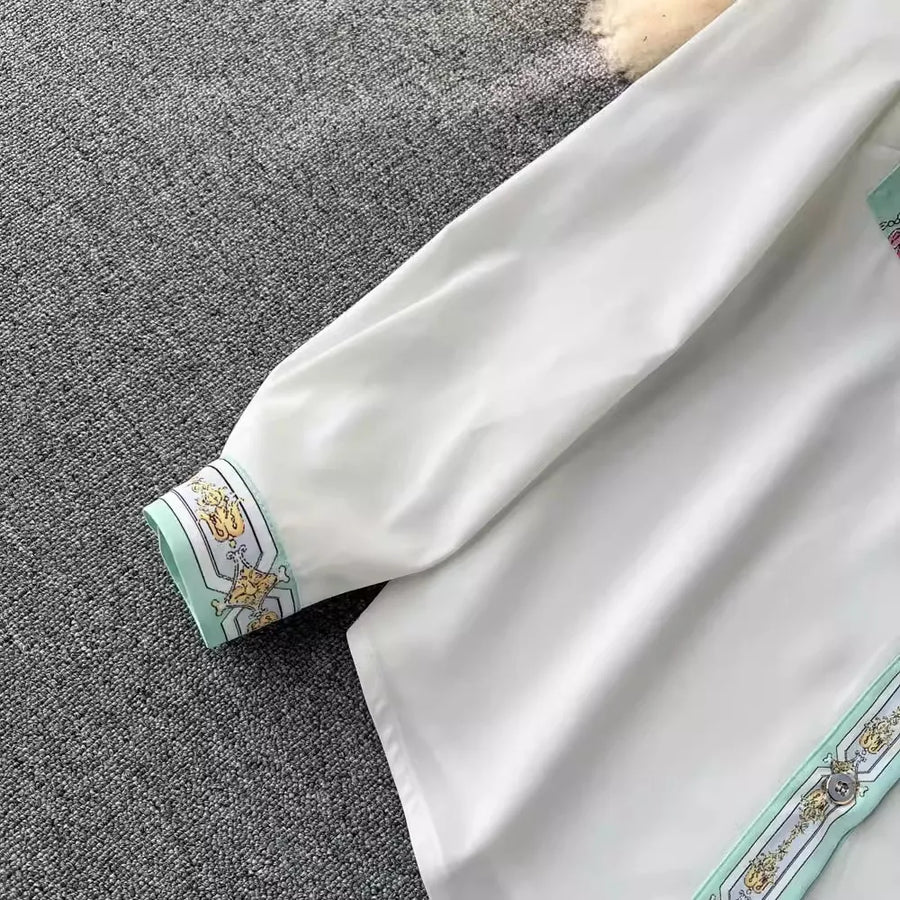 Summer Cartoon 2 Pieces Set Women Turn Down Collar Long Sleeve Two Pockets Chiffon Shirt Top + Irregular Vintage Mini Skirt Suit