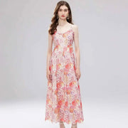 Long dress with open back and sexy A-line cut with high-quality flowers and embroidered lace