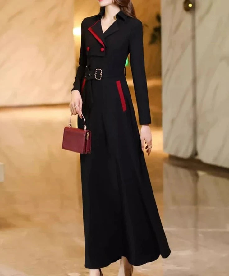 High Quality Red Sleeve Red Stitching Pockets Long Dress