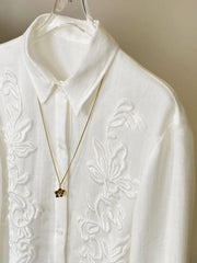 New Style Shirt Women's French Style Niche Design Embroidered Jacquard Retro Versatile White Long Sleeved Shirt