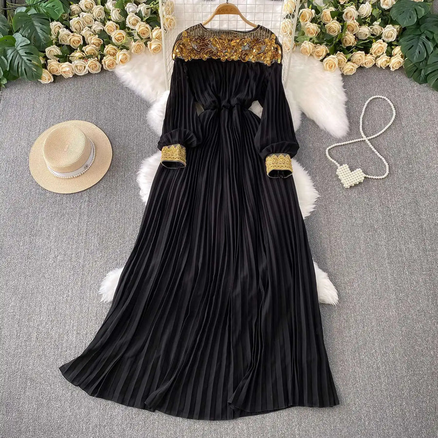 Floor Length Formal Evening Luxury Dress Women Summer Autumn See Through Crochet Crystal Beaded Long Sleeve Maxi Chiffon Dresses