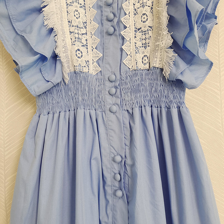 Blue Black White Butterfly Sleeve Long Dress with High Quality Lace