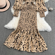 Retro Sweet V Neck Slim Lace -up Print Autumn Summer Elegant Elastic Dress A-line Long Sleeve Vacation Women Mermaid Dresses