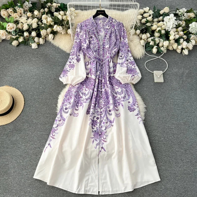 Elegant floral print dress with bubble sleeves wrapped waist high quality