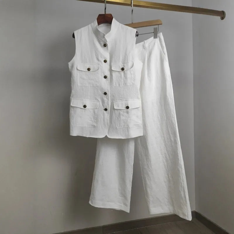 Summer Womens Sleeveless Linen Sets Stand Collar Fashion Office Lady Two Piece Vest Set Thin Full Length Wide Leg Pant Outfits