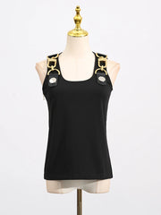 Square neck, sleeveless, patchwork top with high quality metal buckle