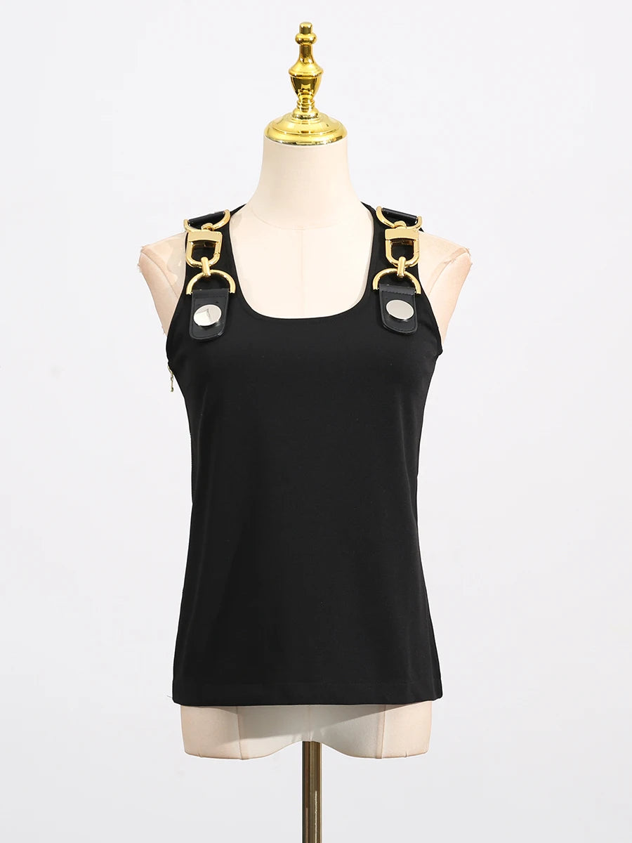 Square neck, sleeveless, patchwork top with high quality metal buckle