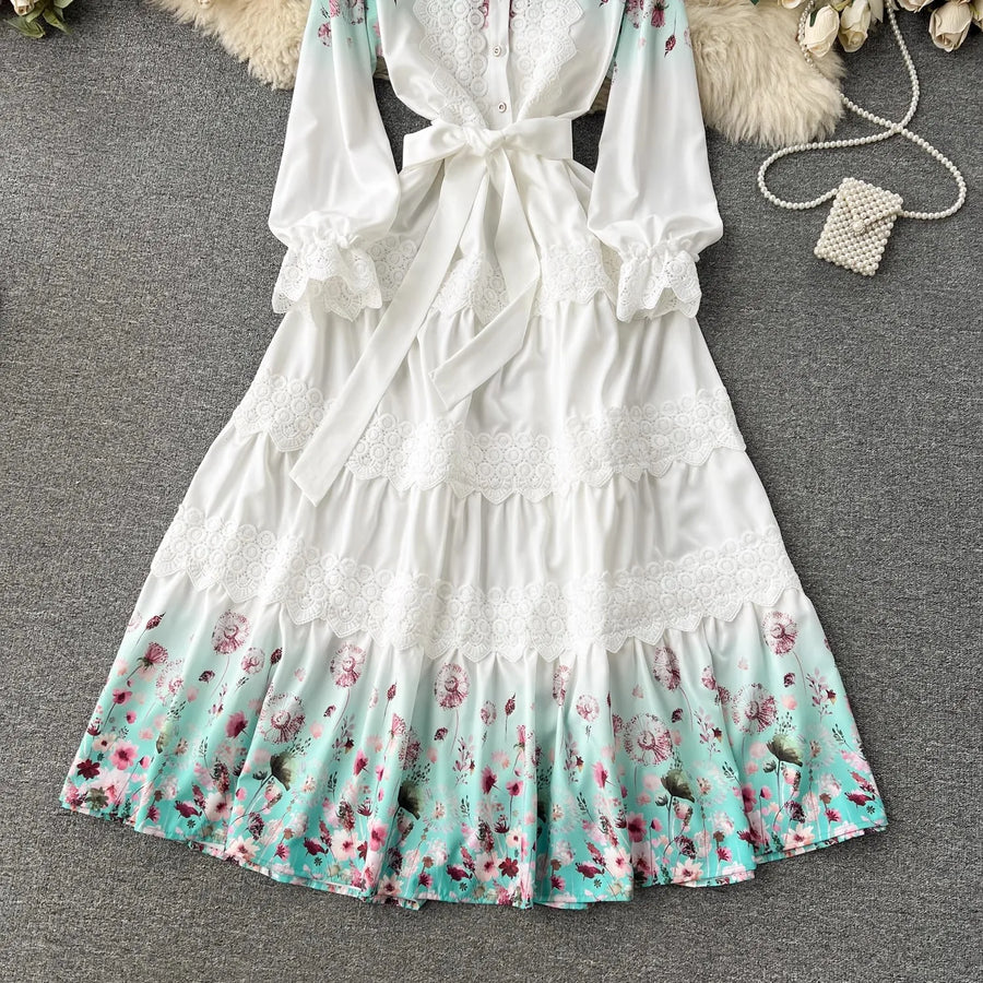 High Quality Crochet Lace Belted Flower Print Long Sleeve Bohemian Dress Green / XL High Quality Crochet Lace Belted Flower Print Long Sleeve Bohemian Dress Green / XL