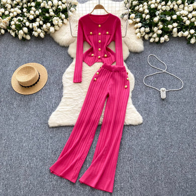 Two Piece Sets Elegant Long Sleeve Button Top + Elastic Long Pants