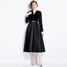 High Quality Vintage Elegant Fleece Lace Stitching Satin Belted V Neck Long Dress