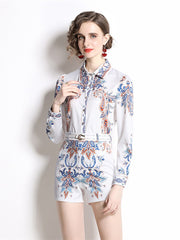 Paisley Flower Print 2 Piece Suit Stand Collar Loose Fit Shirt + Lace Trim Shorts High Quality