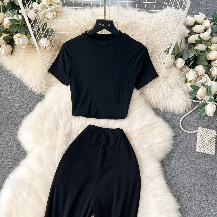 2 Piece Sets High Quality Skinny Crop Tops + Long Flare Pants