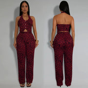 Women's Leopard Two Piece Set Halter Neck Tank Top and Wide Leg Pants