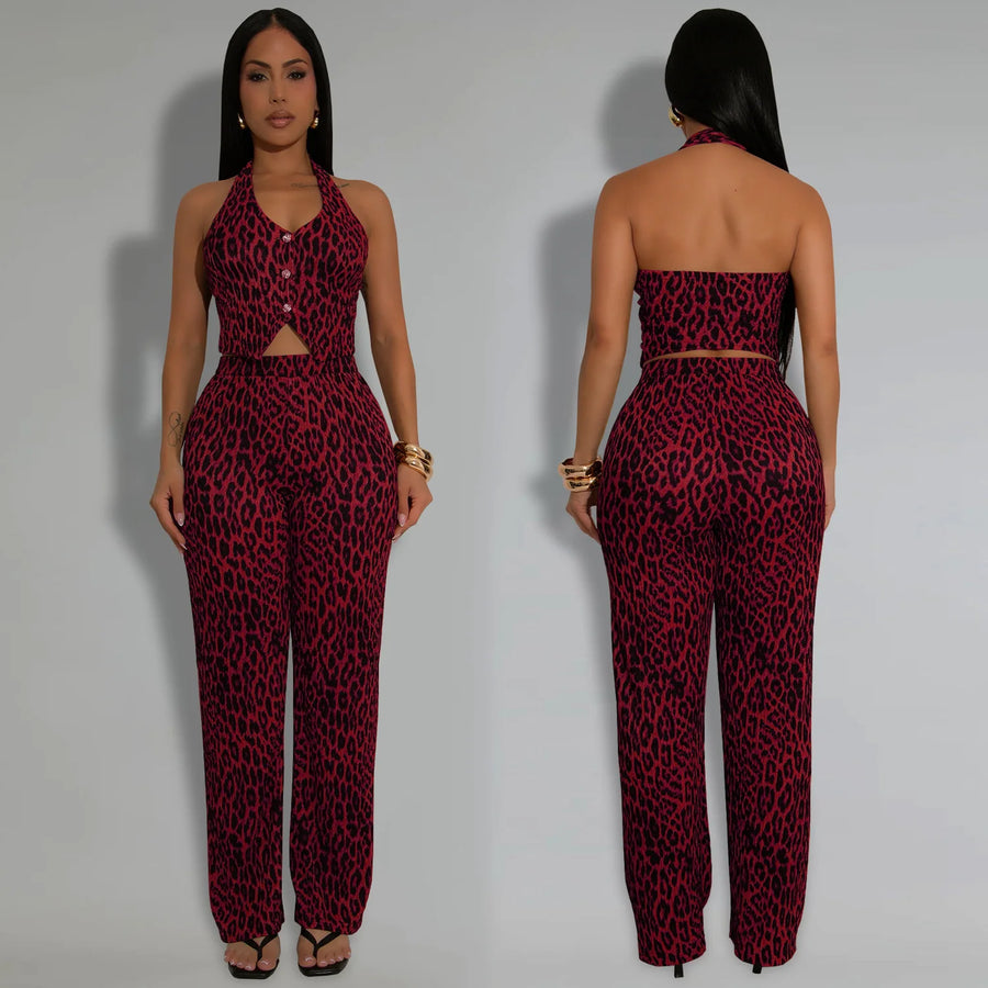 Women's Leopard Two Piece Set Halter Neck Tank Top and Wide Leg Pants