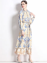 Vintage Flower Print Long Dress Stand Collar Flare Sleeve Loose Waist Lace Up Belt Buttons High Quality