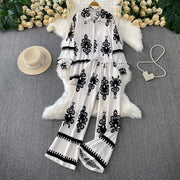 Women Two Piece Skirt Sets Shirt Muslim Suits Shirt Tops Full Sleeve Solid Wide Leg Pant Long Elegant Elastic Waist Summer 2025
