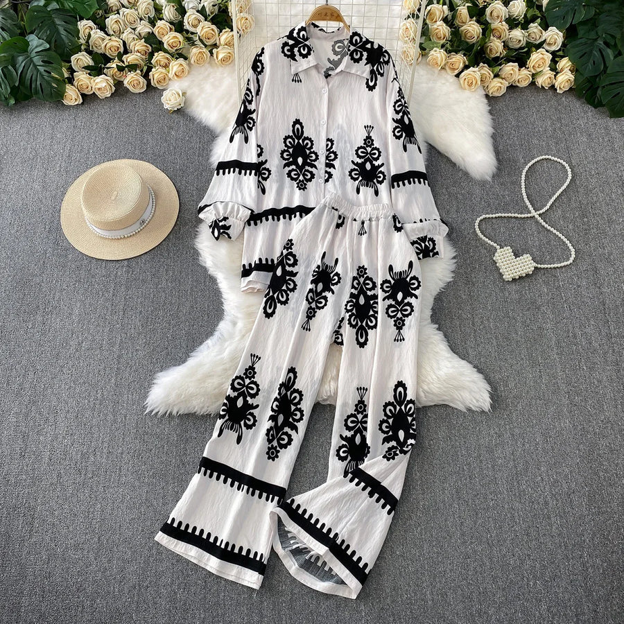 Women Two Piece Skirt Sets Shirt Muslim Suits Shirt Tops Full Sleeve Solid Wide Leg Pant Long Elegant Elastic Waist Summer 2025