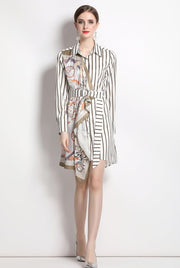 Striped Print Long Sleeve Dress, Silk Scarf Splicing Lace-up and High Quality Belt