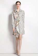 Striped Print Long Sleeve Dress, Silk Scarf Splicing Lace-up and High Quality Belt