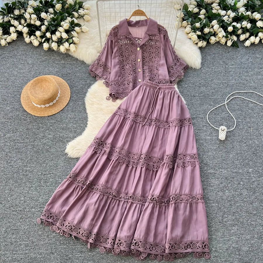 Luxury Long Dresses 2 Piece Sets Women Summer Holiday Hollow Out Crop Tops Elastic Waist Maxi Skirts Suits A Line Party Vestidos