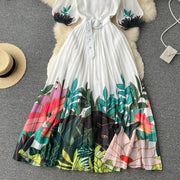 High Quality Round Neck Leaf Floral Print Belted Short Sleeve Pleated Long Dress