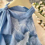 Elegant and beautiful women's dress in a vibrant color with heavy embroidered lace and high-quality sparkling sequins.