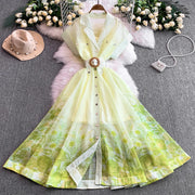 Summer Women Printed Long Dress Beach Vacation Notched Collar Single Breasted Short Sleeve A-Line Maxi Vestidos Female Robe