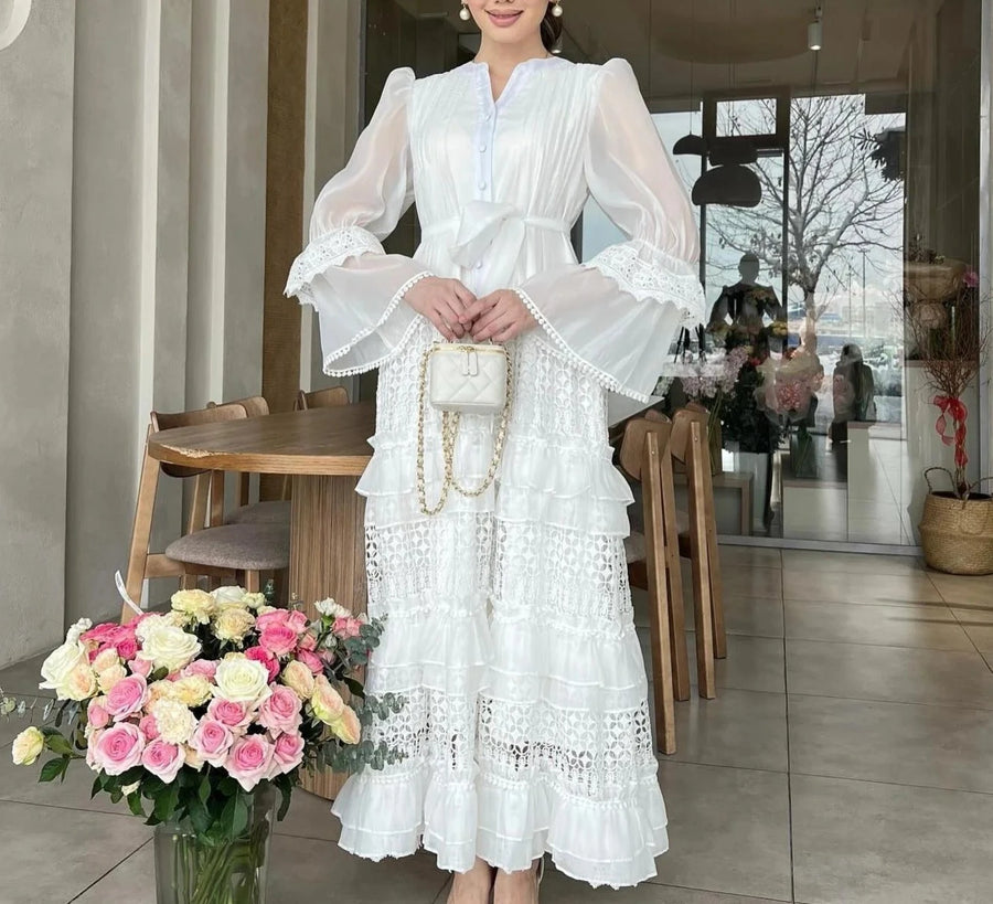 High quality long openwork bell sleeve ruffle elegant dress