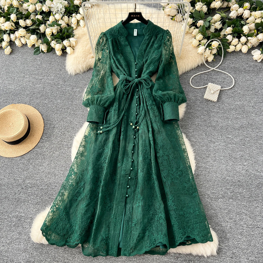 High-end vintage elegant V-neck long-sleeved dress Black / L High-end vintage elegant V-neck long-sleeved dress Black / L